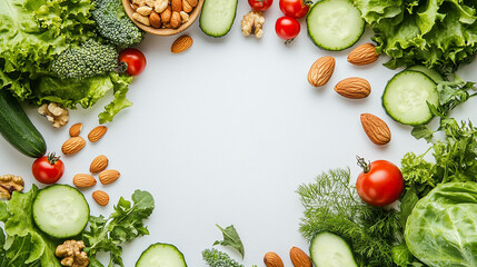 A vibrant frame of fresh vegetables, nuts, and seeds