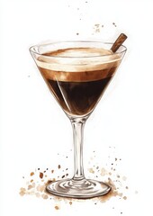 espresso martini, watercolor, flat white background, 5:7