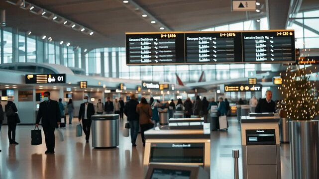 Busy airport terminal with crowded airline counters and empty desks