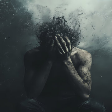 A man sits in water with his head in his hands, expressing deep emotional pain