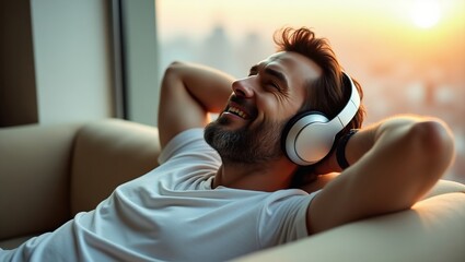 A middle-aged man  with a relaxed and serene expression, reclining on a sofa, wearing trendy, wireless headphones, conveying a sense of utmost comfort and satisfaction.