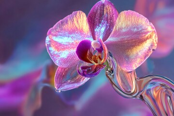Close up of an orchid flower with a mesmerizing liquid chrome effect shimmering on its delicate petals, creating a stunning visual display