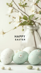 Fototapeta premium Easter eggs with white flowers in a jar, vertical holiday background