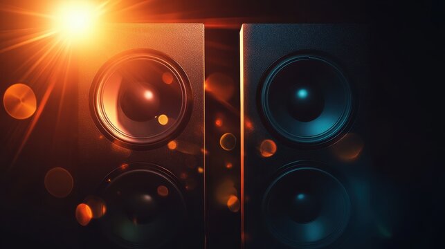 Close-up of two modern black speakers with vibrant lighting and bokeh effects, creating a dynamic audio atmosphere.