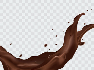 Realistic liquid chocolate or caramel on a transparent background. choco wave and splashing swirls. Vector illustration