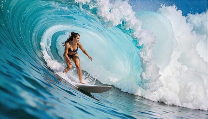 Surfer riding a wave against a blue ocean backdrop