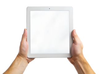 hand on a white background holding ipad with white screen