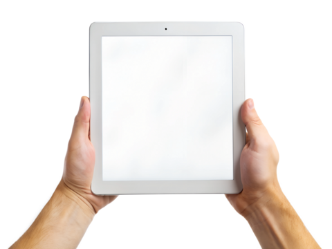 hand on a white background holding ipad with white screen