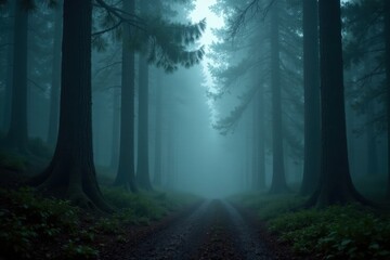Naklejka premium Mysterious Forest Path Shrouded in an Ethereal Mist at Dusk