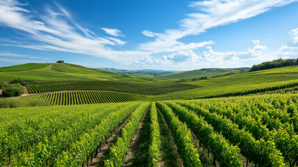 Lush green vineyards under bright blue sky with clouds