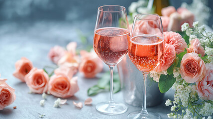 Romantic setting with sparkling wine and pink roses