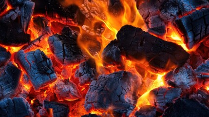 A vibrant bonfire with high flames, embers glowing with intensity as the wood burns into charcoal.