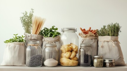 Zero-waste grocery items in glass jars and cloth bags