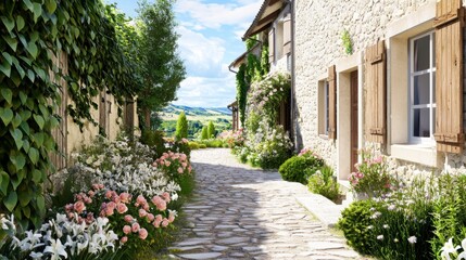 Fototapeta premium A charming hidden Provence courtyard with a stone pathway lined by blooming rose bushes, lilies, and ornamental grasses, nestled beside a rustic house