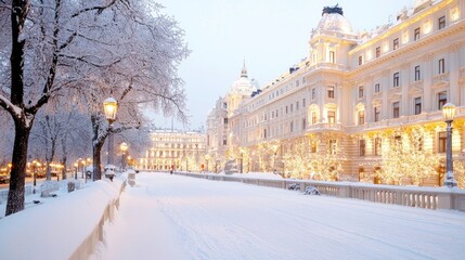 Obraz premium Snowy city street at night, elegant buildings, winter wonderland, holiday travel