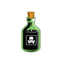 Potion in bottle and skull and bones sign. Cartoon style. Stock vector illustration