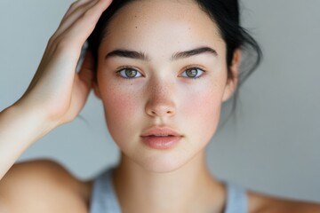 close-up portrait of a young woman with freckles