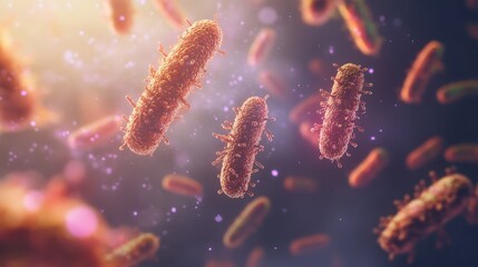 Microscopic view of bacteria revealing unique structures and movements in a vibrant environment with dynamic lighting