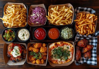 Delicious Spread of Comfort Food Featuring Crispy Fries, Savory Chicken Wings, Tasty Dips, Fresh Salads, and Mouthwatering Pizza on Rustic Table