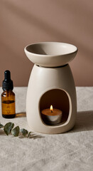 Ceramic oil burner with lit candle and essential oil bottle on linen fabric