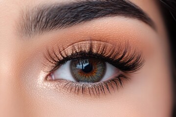 A stunning close-up of a woman's eye with professionally applied eyelash extensions. The long, voluminous lashes are perfectly separated, with a natural curl and glossy shine. 