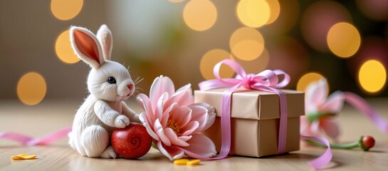 Easter bunny with gift box and flowers on a blurred background with bokeh lights, festive spring decoration, soft pastel colors, shallow depth of field.