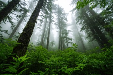 Fototapeta premium Misty Forest with Towering Trees