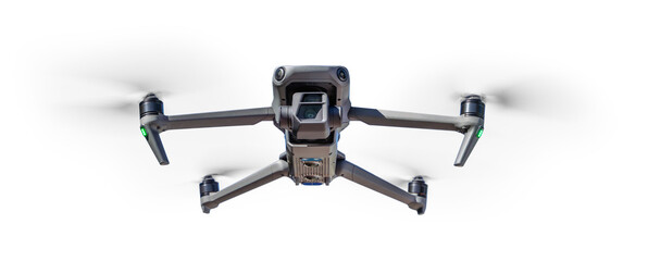Isolated Front View of a Drone Quadcopter UAV In Flight. Transparent PNG.