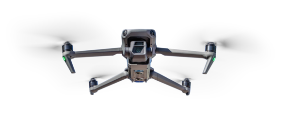 Isolated Front View of a Drone Quadcopter UAV In Flight. Transparent PNG.