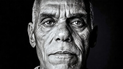 Close up black and white portrait of senior man showing wrinkles and wisdom