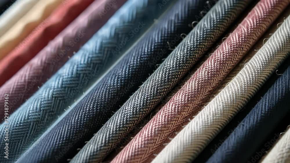 Poster A row of different colored fabric with a blue stripe. The blue stripe is on the left side of the row