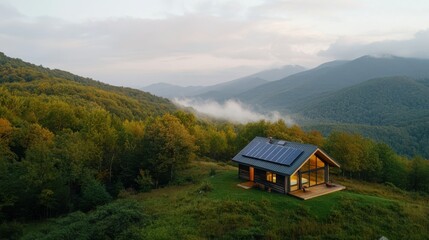Obraz premium eco mountain cabin, eco-friendly mountain cabin powered by solar energy, with discreet solar panels integrated into the rustic design