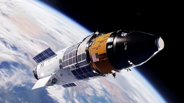 Northrop grumman's cygnus spacecraft orbiting earth, displaying gleaming american flag against planet's dramatic curvature during orbital mission