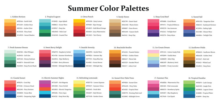 Color Palettes 18x5 Swatches Summer Season - Cool, Warm, Neutral, Bright, Soft, Mix Colors - with HEX Codes and Names, Colour Scheme and Combinations
