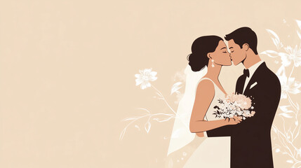 Couple kissing during their wedding, elegant, floreal vector Illustration, perfect for a postcard , neutral isolated background