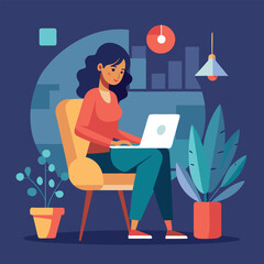 a girl is using his laptop vector