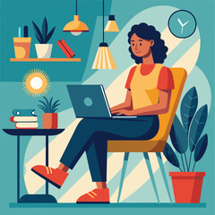 a girl is using his laptop vector