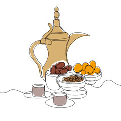 Lantern, teapot, cup and fast breaking dish for iftar with ramadan kareem in one single continuous line drawing style. Ramadan kareem and Eid Mubarak concept.