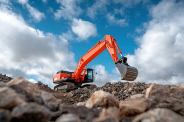 Excavator on Rocky Terrain with Blue Sky