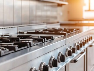 Culinary action in modern kitchen restaurant setting gas stove equipment bright environment close-up perspective
