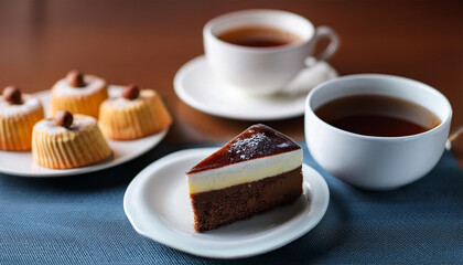 cup of tea and cake with coffee on the table for a delicious breakfast