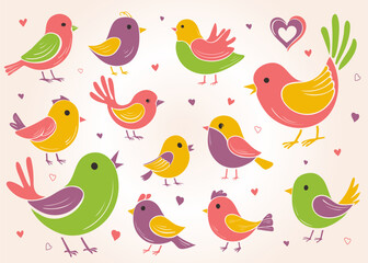 Set of stylized colorful birds. Flat hand drawn little birds of different shapes and colors. Playful cheerful birds for springtime design, decoration, scrapbook
