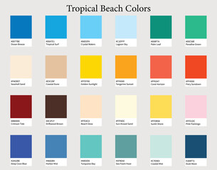 Color Palettes 24 Colours of Tropical Beach - Cool, Warm, Neutrals, Bright Colors - with HEX Codes and Names, Colour Scheme and Combinations