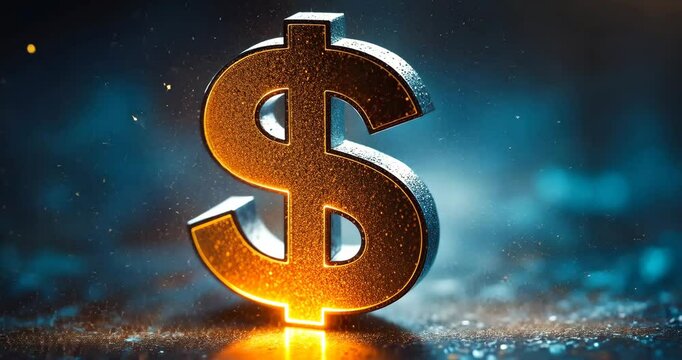 A low angle static shot of a glowing golden dollar sign on a dark, textured surface with a blue background.