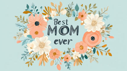 Naklejka premium Mothers Day floral design with Best Mom Ever text surrounded by flowers, holiday celebration postcard