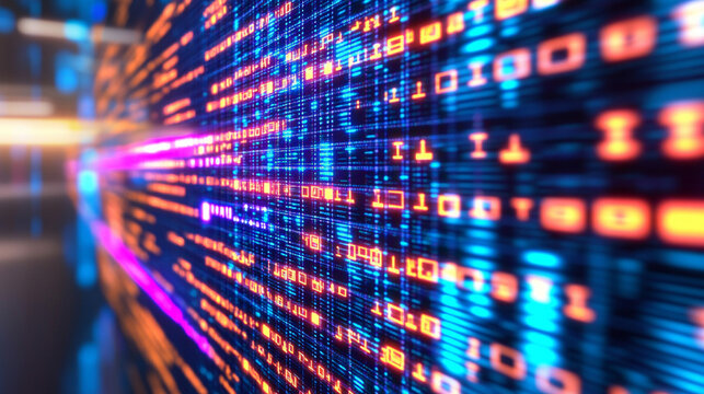 Glowing data streams flow through abstract cyberspace, symbolizing high-speed internet and wireless data transmission. A neural network visual represents big data, cybersecurity, and global connectivi