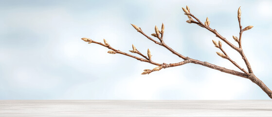 Obraz premium close up of tree branch with buds against soft blue background, evoking sense of tranquility and nature