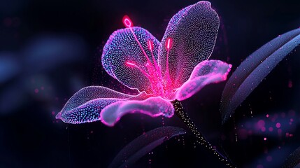 Glowing neon pink and blue flower with particles.