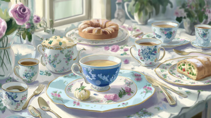 Fototapeta premium Elegant floral tea set with pastries and coffee in sunlit room