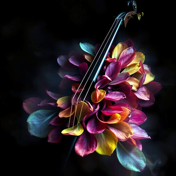 Ein Cello mit Bl&uuml;ten von bunten Blumen. Fr&uuml;hlingserwachen.